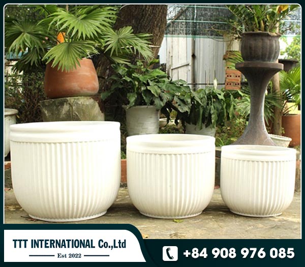 Luxury Round striped Low planter white concrete cement